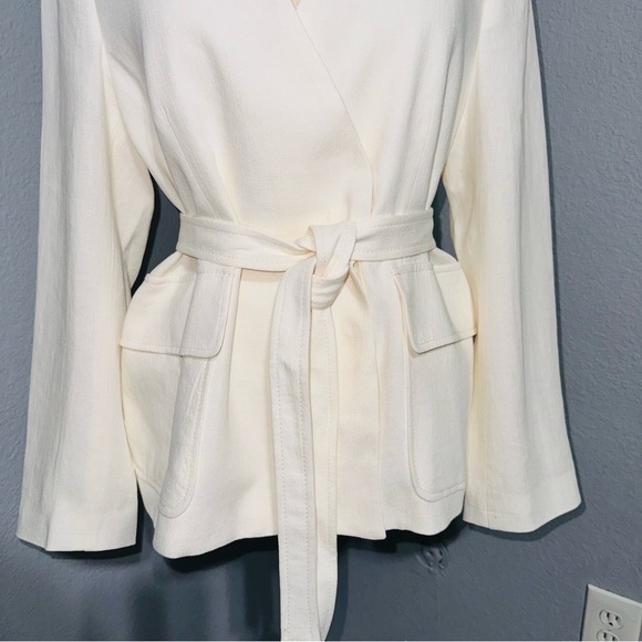 Zara Women Bloggers Fav Oyster White Linen Blend Belted Business Blazer Size M - Picture 11 of 17